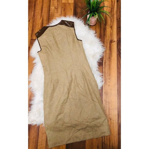 Magaschoni Collection size 10 tan wool sleeveless shift dress leather trim ~ X4 - Picture 4 of 4